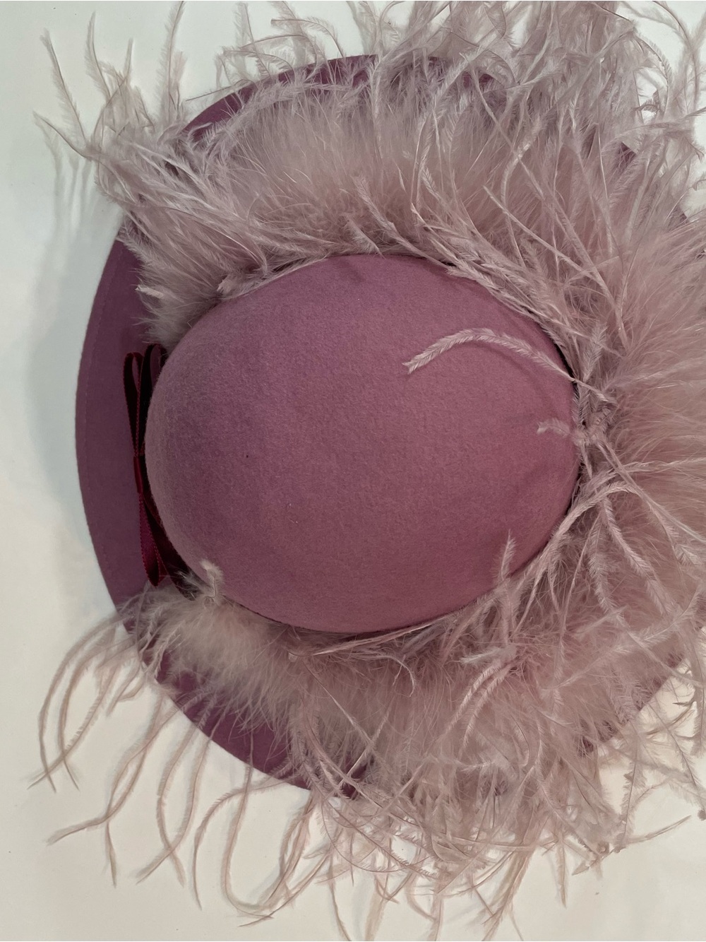 Vintage Rose Pink Boa Feather-Trim Wool Hat Ribbon Bow - Statement Church Derby - Picture 4 of 11